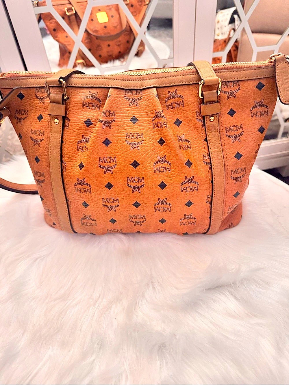 MCM Cognac Visetos Monogram Shopper Two-Way Tote Bag - Picture 3 of 14